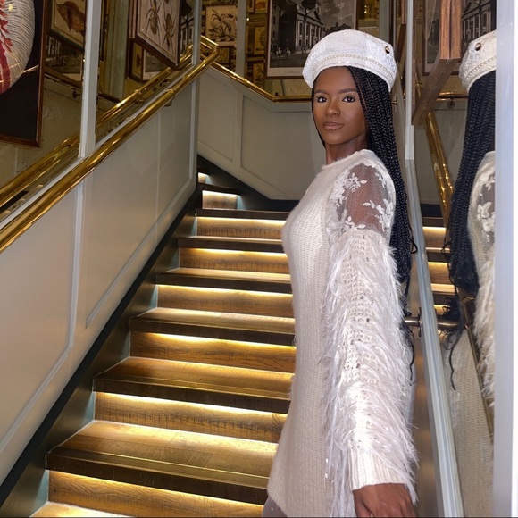 Embroidery Mesh Fringe Trim Bodycon Sweater Dress-Apricot - Picture 4 of 6